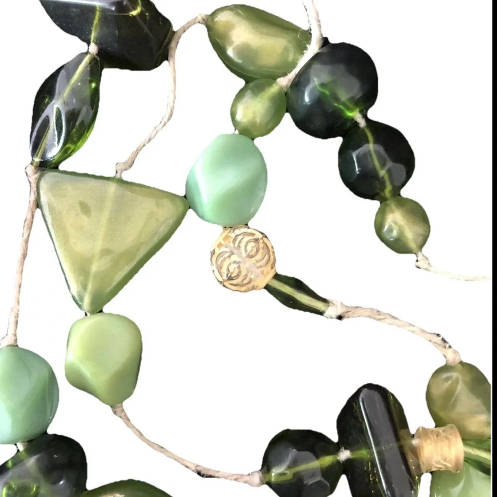 Vintage Artisan Handmade Green Glass Large Beads 50” Natural String Necklace